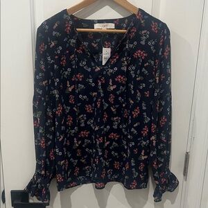 New! LOFT Navy Floral Blouse, Size Small